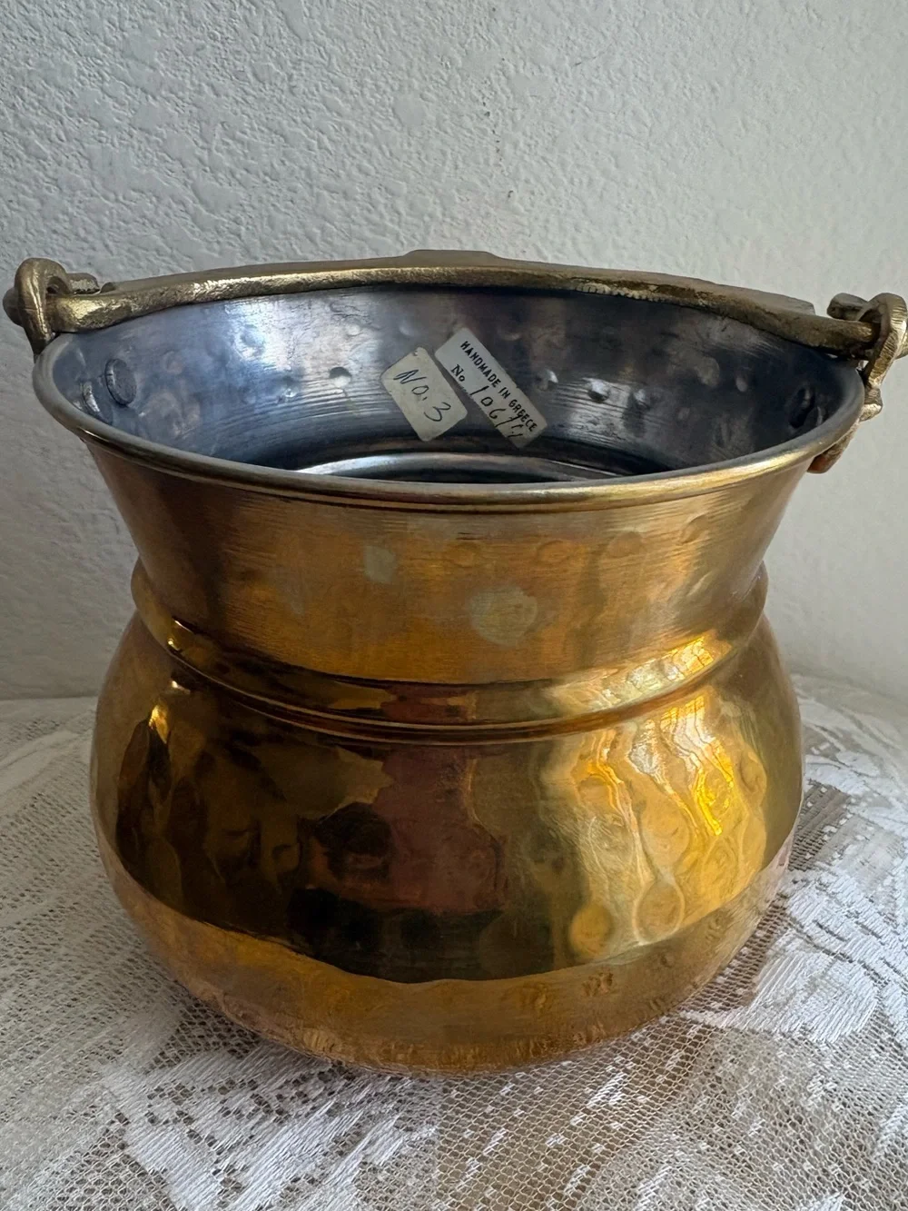 Vintage Greek Brass handmade Hammered cauldron Bucket Planter w Handle #3